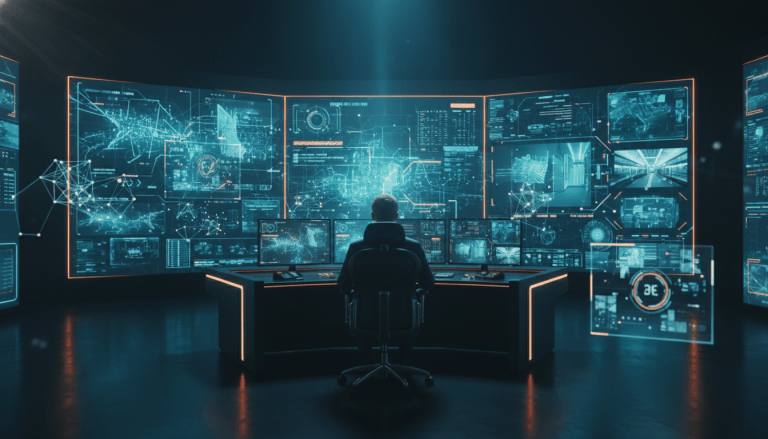 Operador de seguridad en un centro de monitoreo avanzado utilizando inteligencia artificial para vigilancia proactiva y análisis de datos en tiempo real.