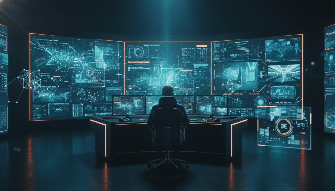 Operador de seguridad en un centro de monitoreo avanzado utilizando inteligencia artificial para vigilancia proactiva y análisis de datos en tiempo real.