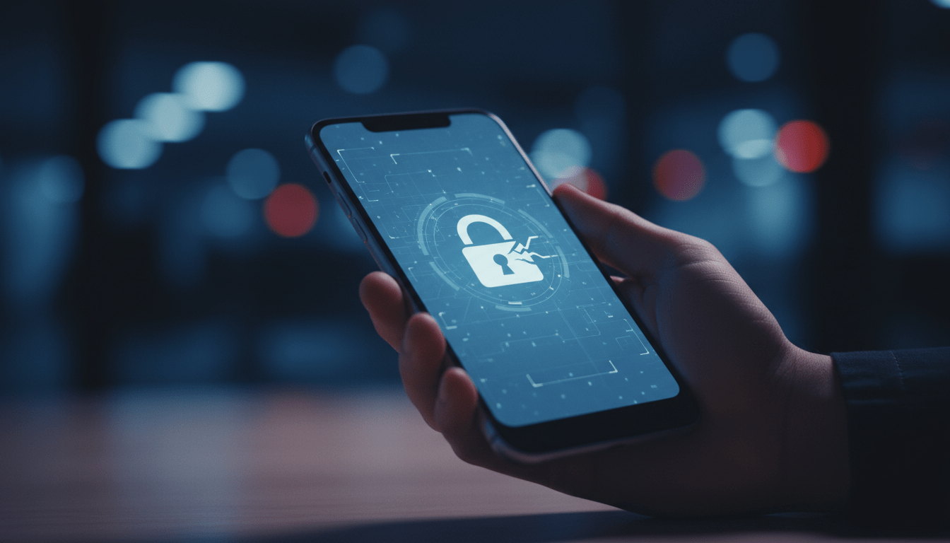 Smartphone con pantalla de seguridad digital vulnerable en entorno oscuro