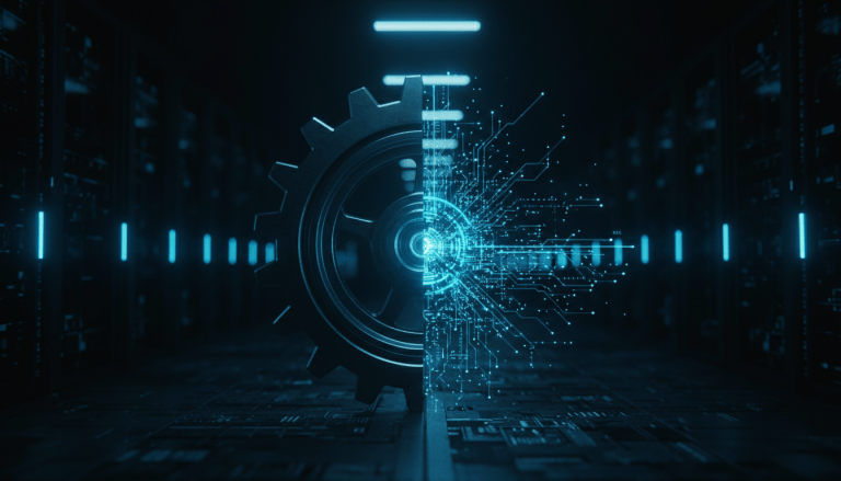 Concepto visual de ciberseguridad sobre la vulnerabilidad de la cadena de suministro digital con engranajes y circuitos