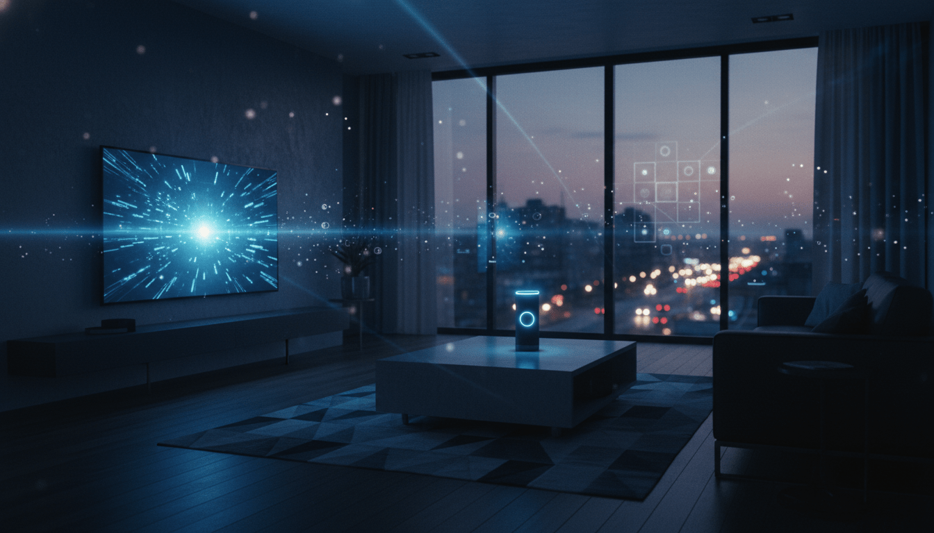 Salón moderno en penumbra iluminado por dispositivos inteligentes representando la falta de privacidad en el hogar conectado.