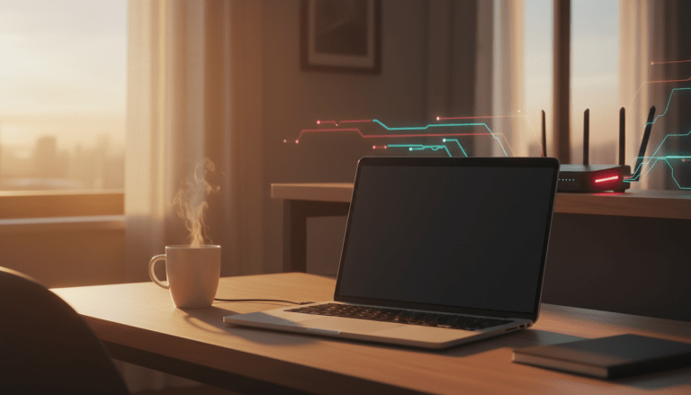 Escritorio de teletrabajo con ordenador y router emitiendo luces digitales de advertencia sobre ciberseguridad doméstica.