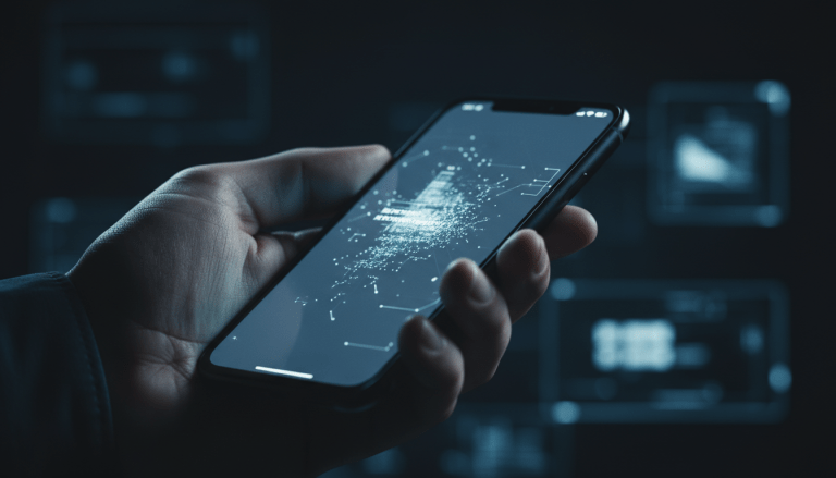 Persona sosteniendo un smartphone con una notificación de transacción sospechosa en entorno oscuro