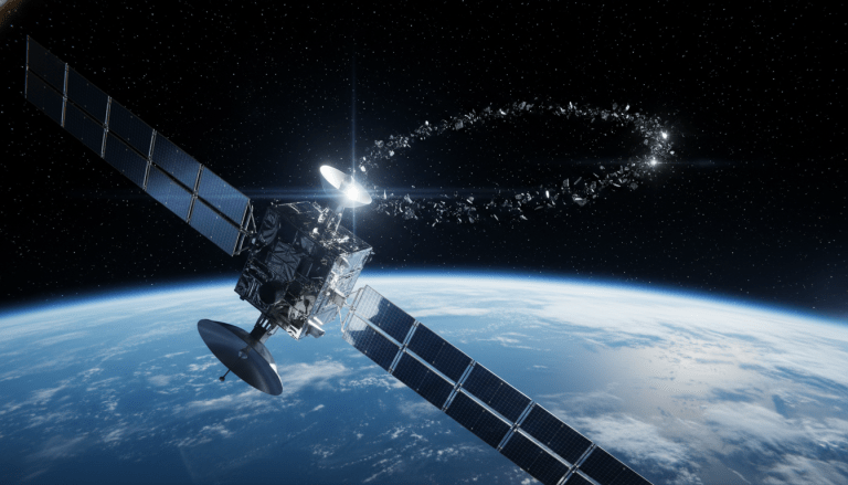 Satélite de comunicaciones orbitando la Tierra frente a la amenaza de desechos espaciales en el vacío del espacio.