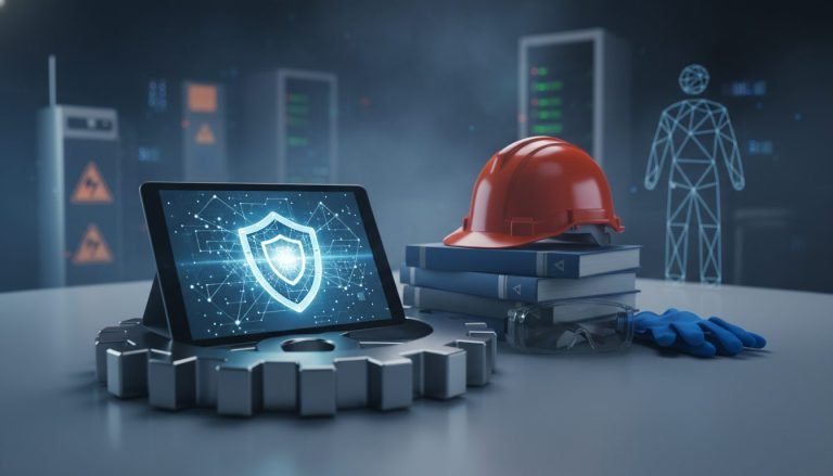 Esquema sobre seguridad y salud ocupacional, ilustrando prevención de riesgos laborales y norma ISO 45001.
