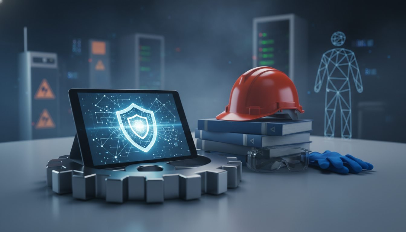 Esquema sobre seguridad y salud ocupacional, ilustrando prevención de riesgos laborales y norma ISO 45001.