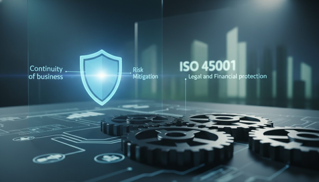 Profesionales de SST planificando la seguridad y salud laboral bajo la norma ISO 45001 en una oficina corporativa.