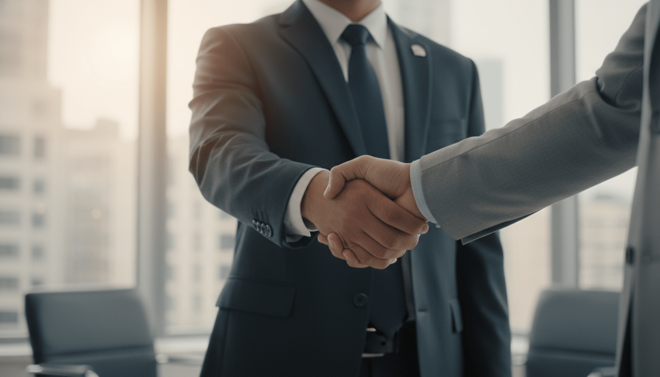 Profesional de seguridad y cliente estrechando manos en una reunión de negocios para generar confianza y lealtad.