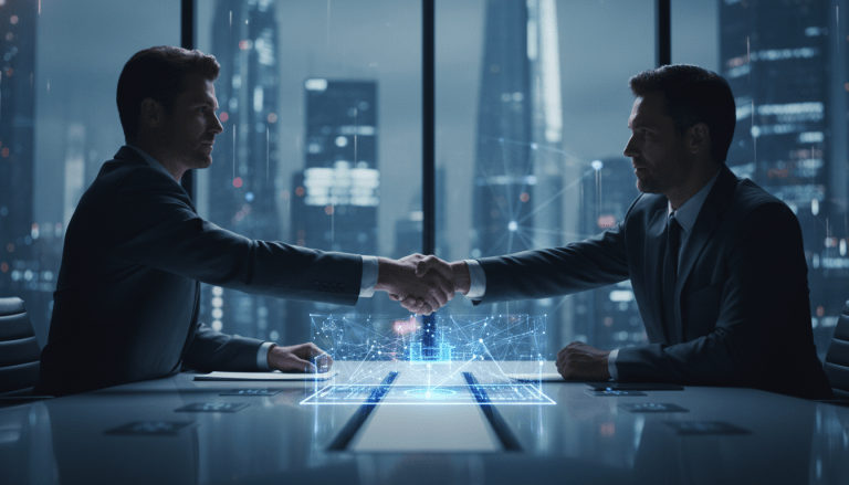 Dos ejecutivos estrechando la mano sobre una mesa con una red de datos digital interconectada simbolizando una joint venture segura.