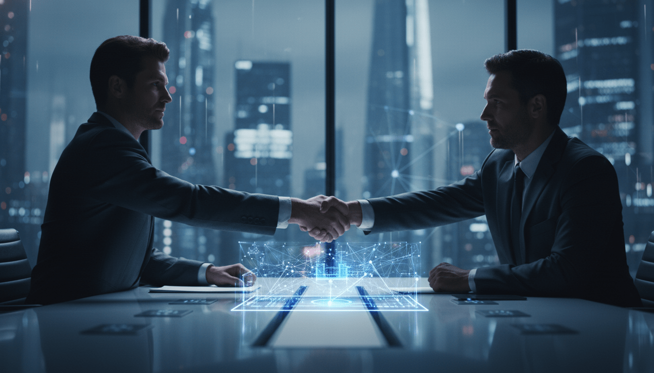 Dos ejecutivos estrechando la mano sobre una mesa con una red de datos digital interconectada simbolizando una joint venture segura.