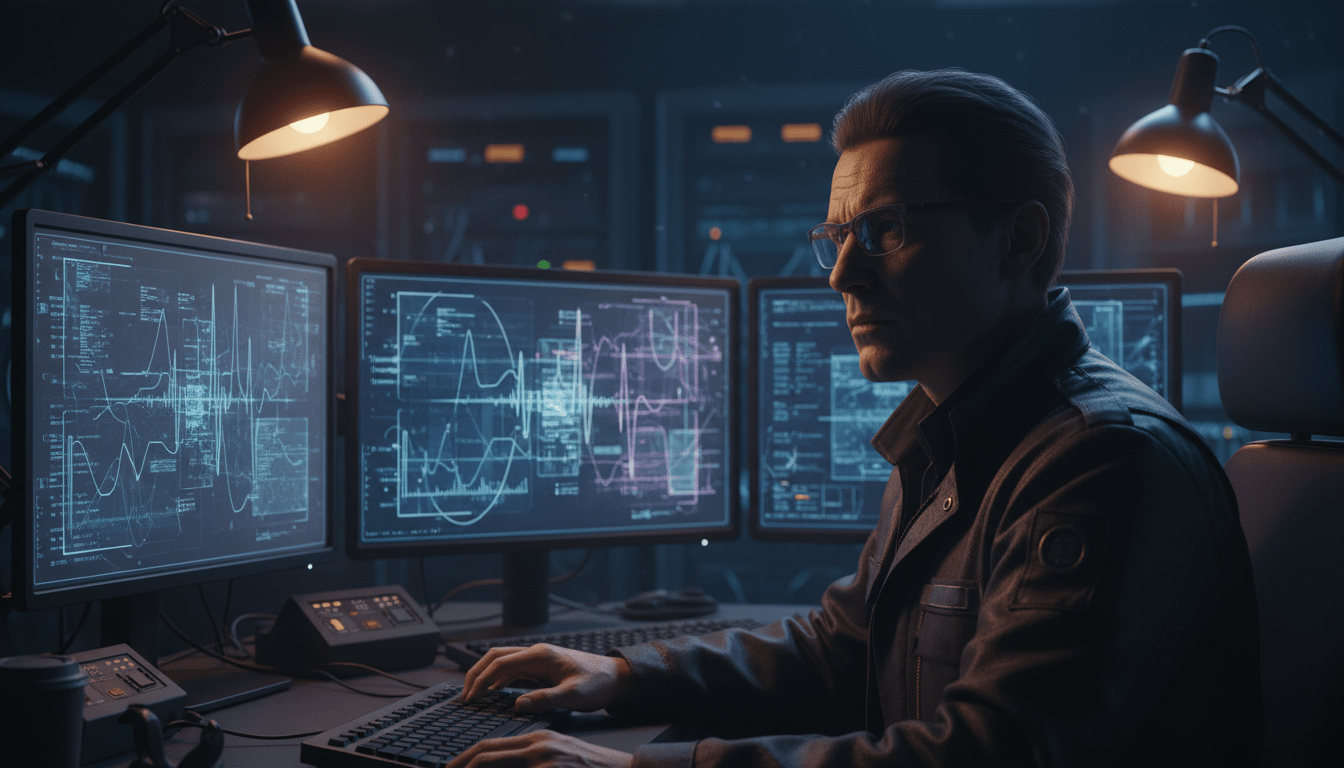 Analista de video forense trabajando frente a monitores con alta tecnología de procesamiento de imágenes digitales.