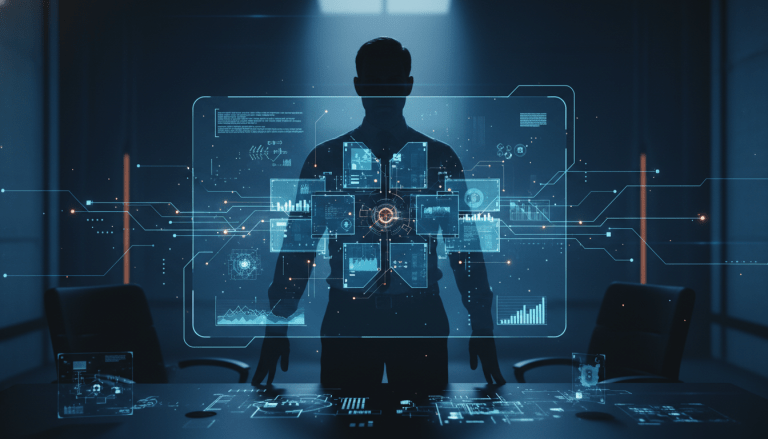 Estratega de ciberseguridad analizando vulnerabilidades digitales en un entorno corporativo oscuro