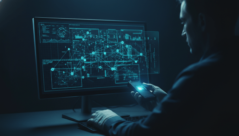 Especialista en informatica forense analizando datos digitales en un entorno oscuro y profesional