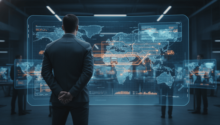 Analista de seguridad militar estudiando mapas logísticos y rutas de transporte en una sala de operaciones digital.
