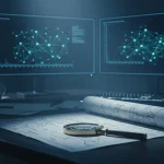 Analista de inteligencia estudiando propaganda y guerra de información con una lupa sobre un mapa táctico en un entorno oscuro y tecnológico.
