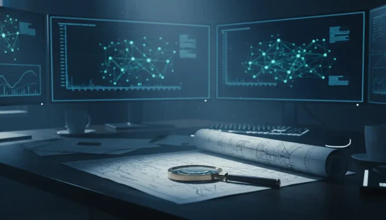 Analista de inteligencia estudiando propaganda y guerra de información con una lupa sobre un mapa táctico en un entorno oscuro y tecnológico.