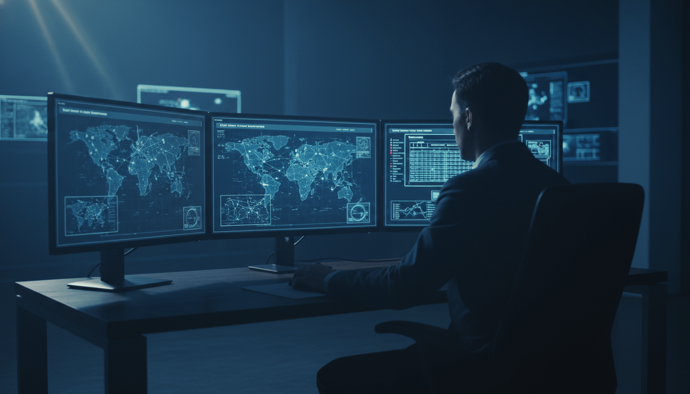 Analista de inteligencia evaluando fuentes y datos en una oficina de alta seguridad con gráficos digitales y tecnología avanzada.