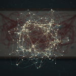 Visualización digital de una red criminal compleja con nodos brillantes y conexiones fluidas en un entorno de inteligencia tecnológica.