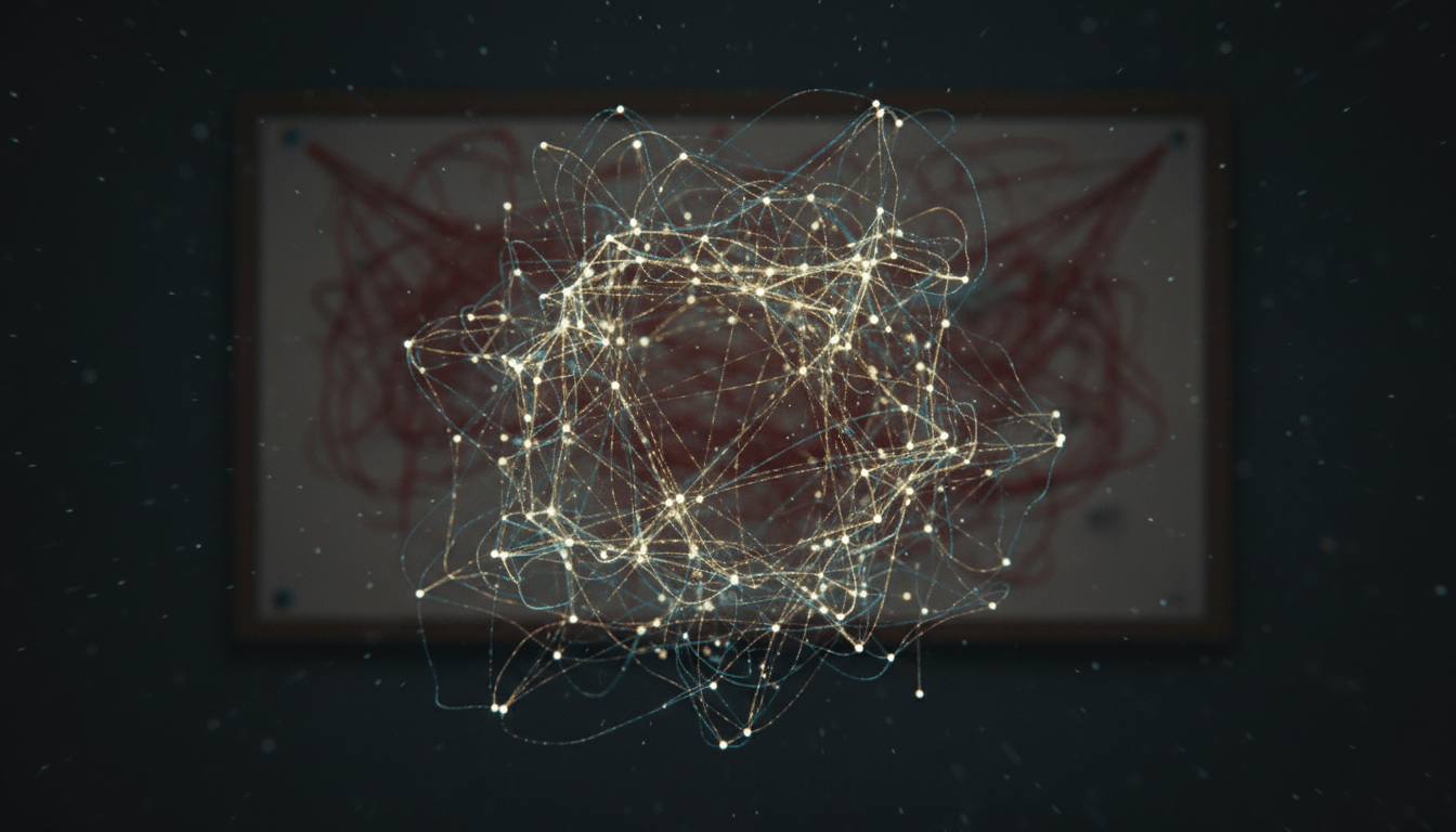 Visualización digital de una red criminal compleja con nodos brillantes y conexiones fluidas en un entorno de inteligencia tecnológica.