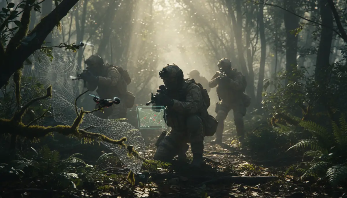 Estrategias de seguridad basadas en principios de guerra de guerrillas con equipos tácticos en un bosque neblinoso.