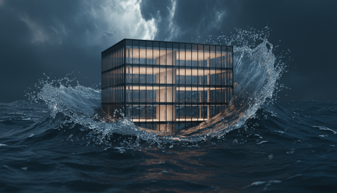 Estructura arquitectónica corporativa moderna resistente en medio de un entorno de cambios económicos abstractos y fluidos.