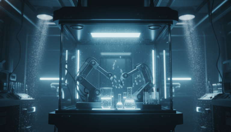 Entorno de laboratorio de alta bioseguridad con tecnología avanzada y atmósfera de contención científica.