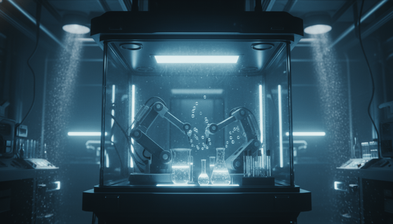 Entorno de laboratorio de alta bioseguridad con tecnología avanzada y atmósfera de contención científica.