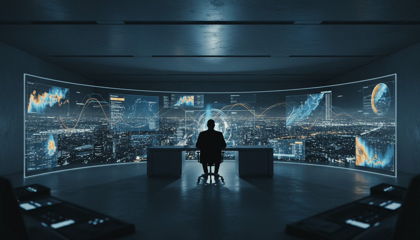Centro de control de seguridad con pantallas digitales mostrando mapas de ciudad y datos, concepto de disuasión moderna.