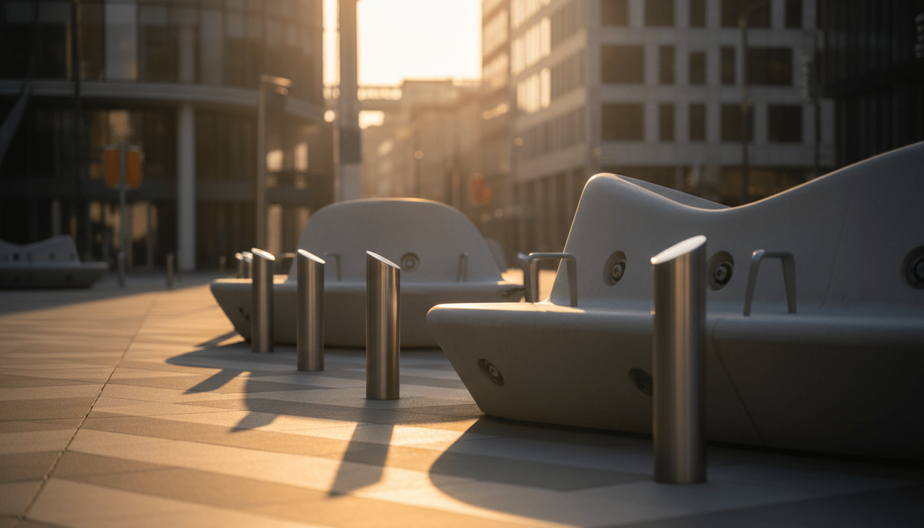Diseño de mobiliario urbano reforzado para protección contra impactos en una plaza pública moderna.