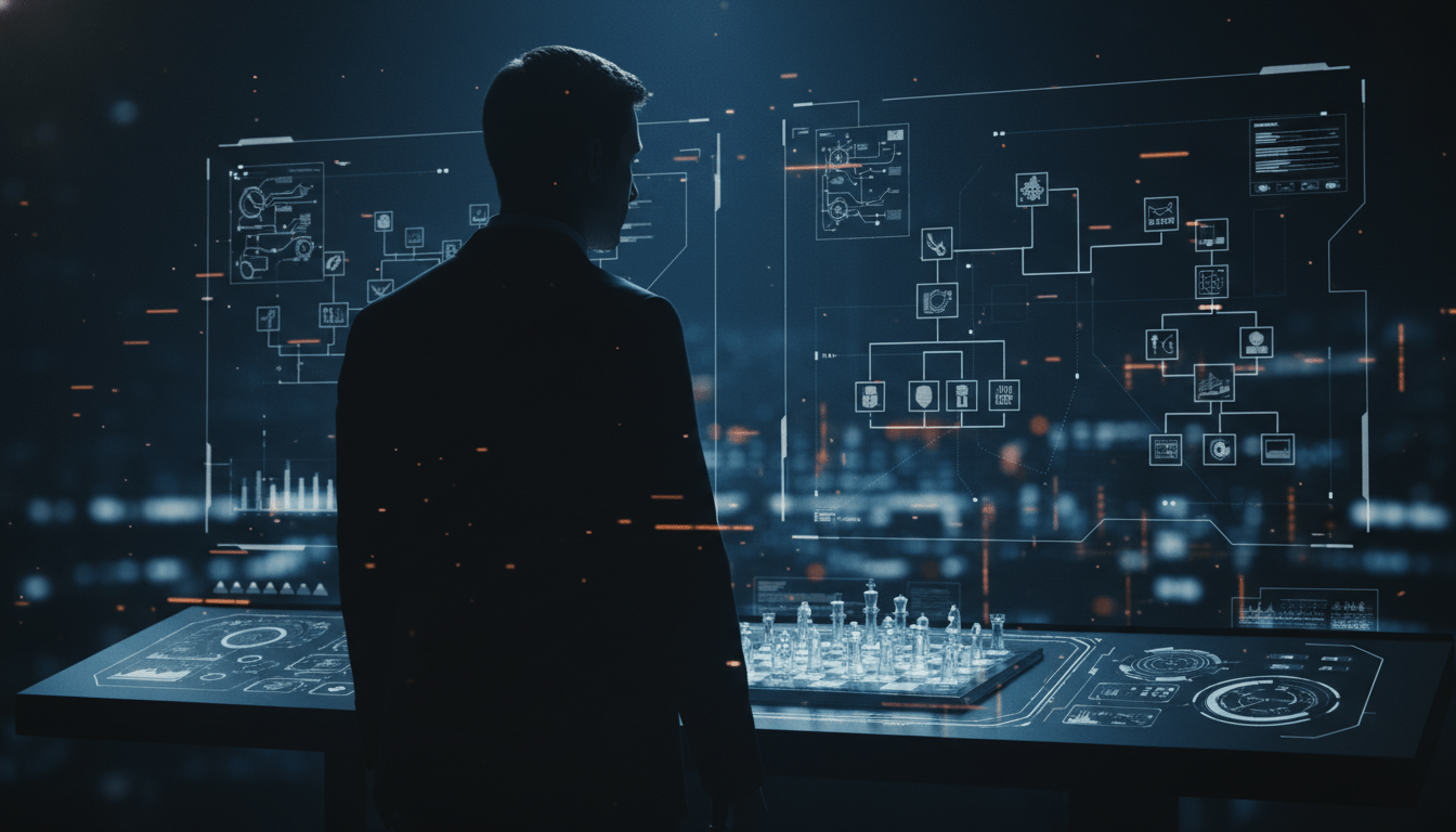 Representación visual de la astucia como principio estratégico en la administración de seguridad, mostrando una figura analizando complejos sistemas digitales y diagramas de flujo para proteger activos e información.