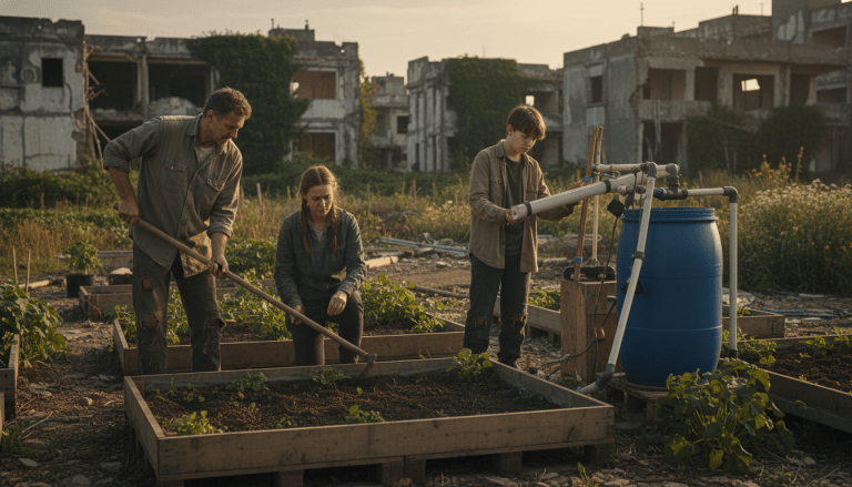 Familia practicando técnicas de supervivencia SHTF: cultivando un huerto y recolectando agua en un entorno de colapso social. Preparación y autosuficiencia para un futuro incierto.
