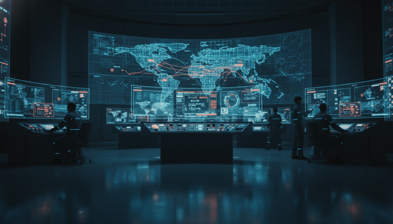 Centro de control de infraestructura energética con visualización de redes globales y flujos de datos.
