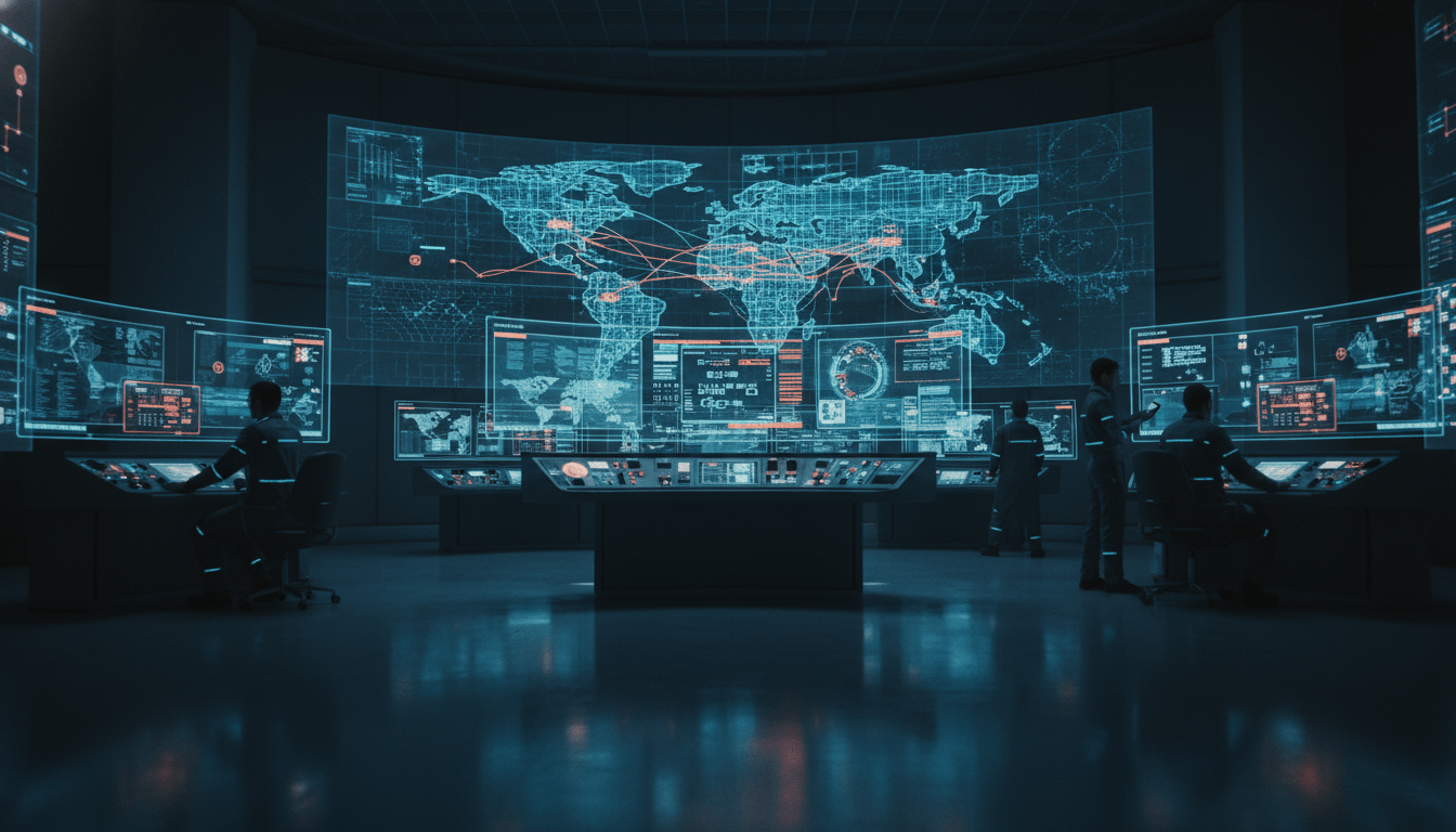 Centro de control de infraestructura energética con visualización de redes globales y flujos de datos.
