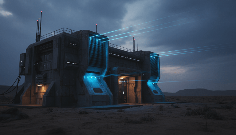 Centro de datos fortificado y tecnologico en un entorno remoto y hostil representando seguridad de infraestructura critica
