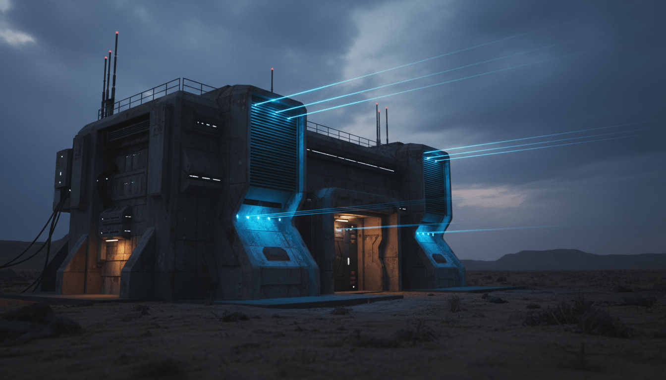 Centro de datos fortificado y tecnologico en un entorno remoto y hostil representando seguridad de infraestructura critica