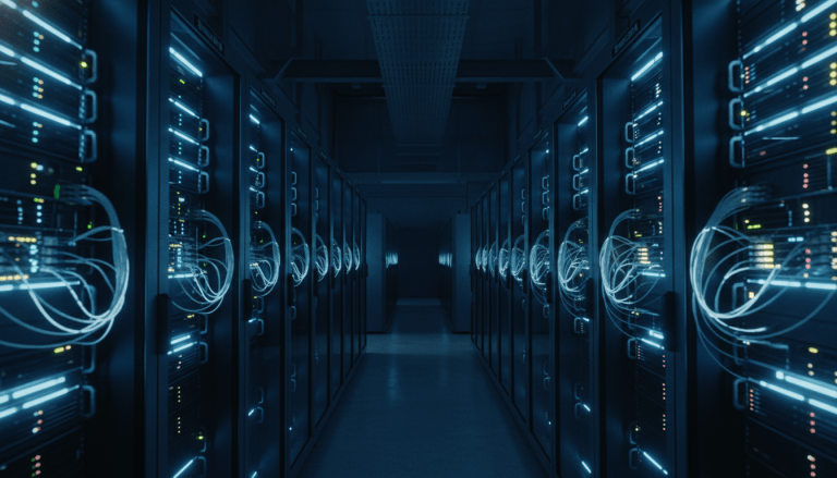 Centro de datos de trading de alta frecuencia con servidores de alto rendimiento en instalaciones de seguridad avanzada