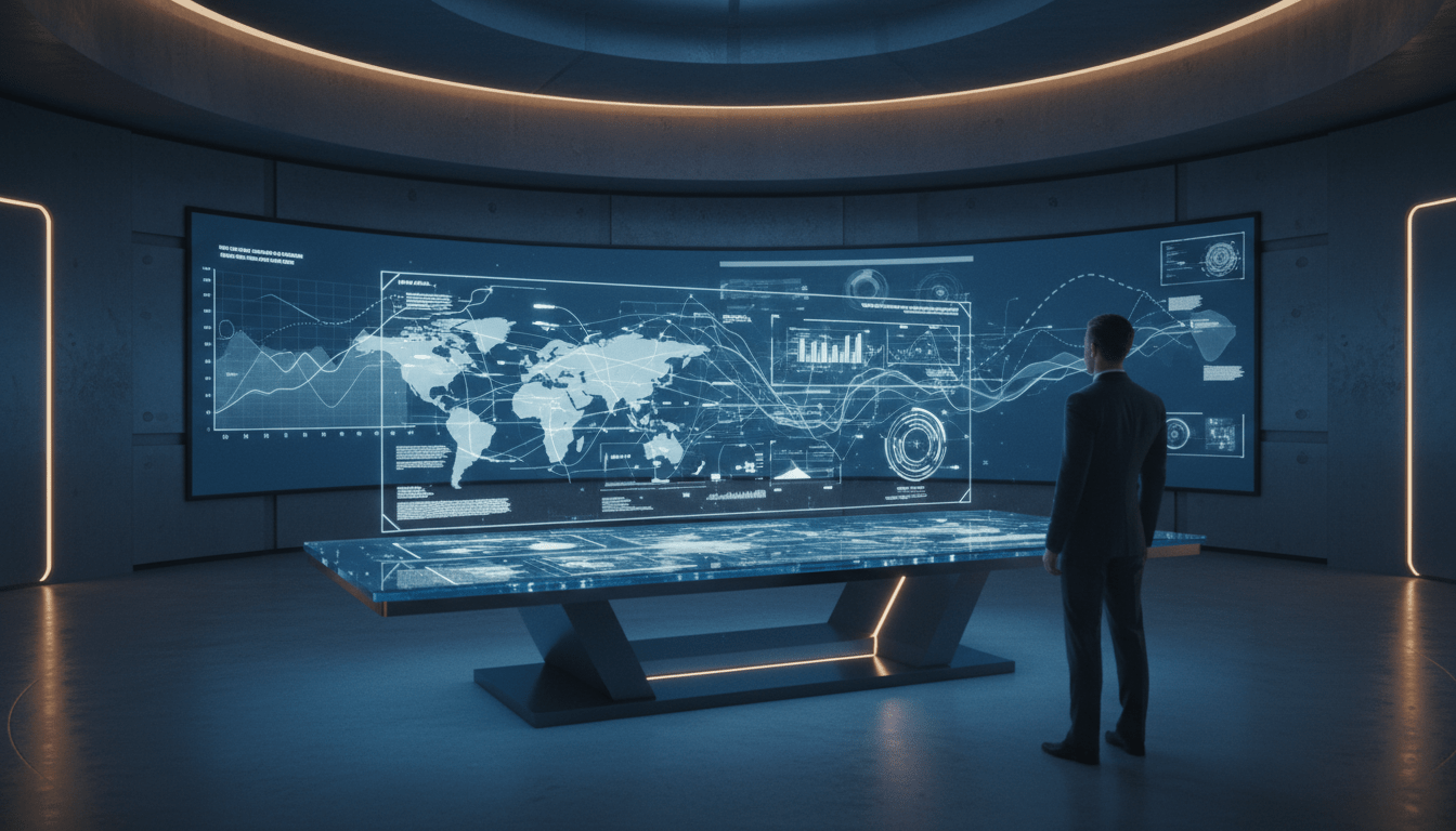 Centro de inteligencia estratégica y análisis de datos para la seguridad moderna con proyecciones holográficas de alta tecnología.