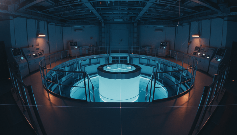 Interior de un centro de investigación nuclear con reactor brillante y tecnología de seguridad avanzada.