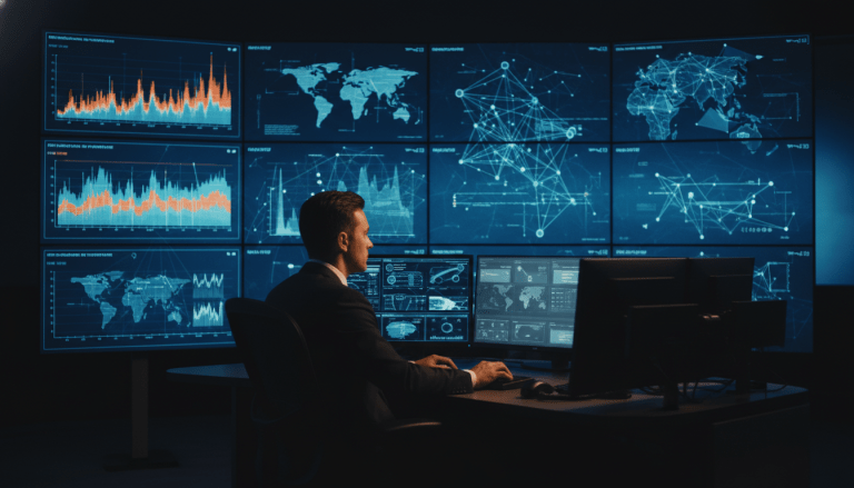 Analista trabajando en un moderno Centro de Operaciones de Seguridad Global con pantallas de monitoreo de datos