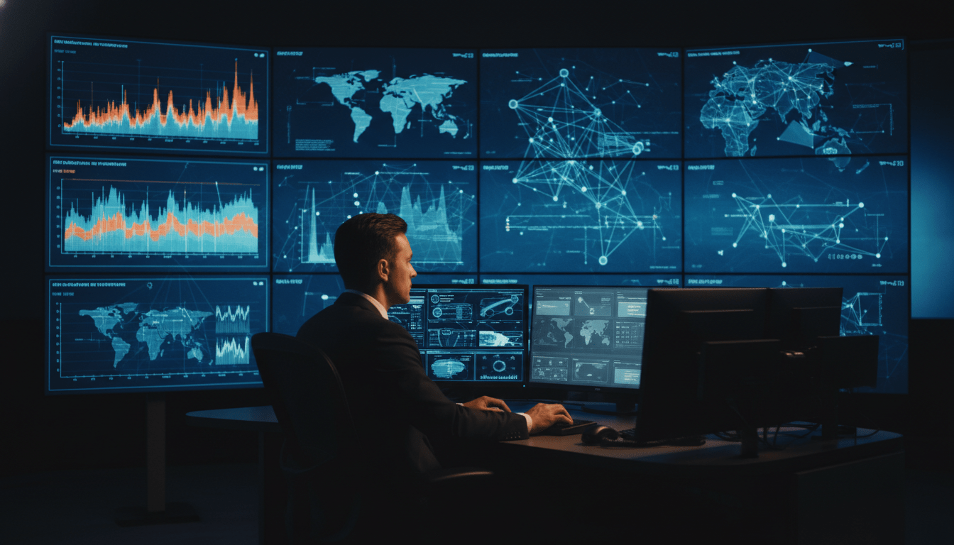 Analista trabajando en un moderno Centro de Operaciones de Seguridad Global con pantallas de monitoreo de datos