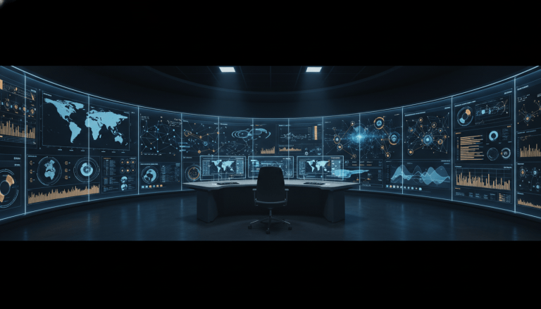 Centro de Operaciones de Seguridad Global moderno con pantallas de monitoreo de datos y resiliencia corporativa digital.
