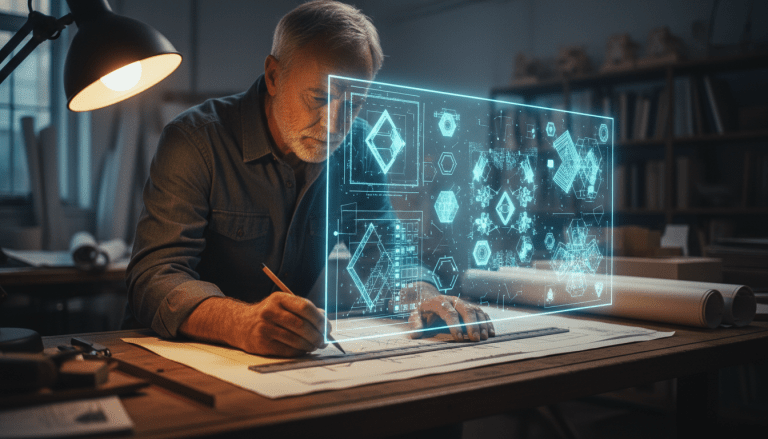 Arquitecto humano trabajando junto a una interfaz digital de inteligencia artificial en un estudio profesional.