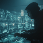 Imagen de contravigilancia agresiva mostrando un experto en seguridad detectando amenazas ocultas en un centro de control de alta tecnología. Ideal para inteligencia defensiva, protección de activos y ciberseguridad.