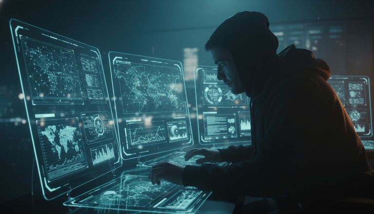 Imagen de contravigilancia agresiva mostrando un experto en seguridad detectando amenazas ocultas en un centro de control de alta tecnología. Ideal para inteligencia defensiva, protección de activos y ciberseguridad.