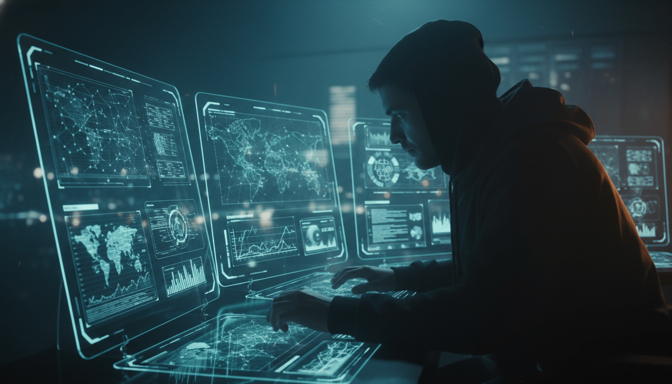 Imagen de contravigilancia agresiva mostrando un experto en seguridad detectando amenazas ocultas en un centro de control de alta tecnología. Ideal para inteligencia defensiva, protección de activos y ciberseguridad.