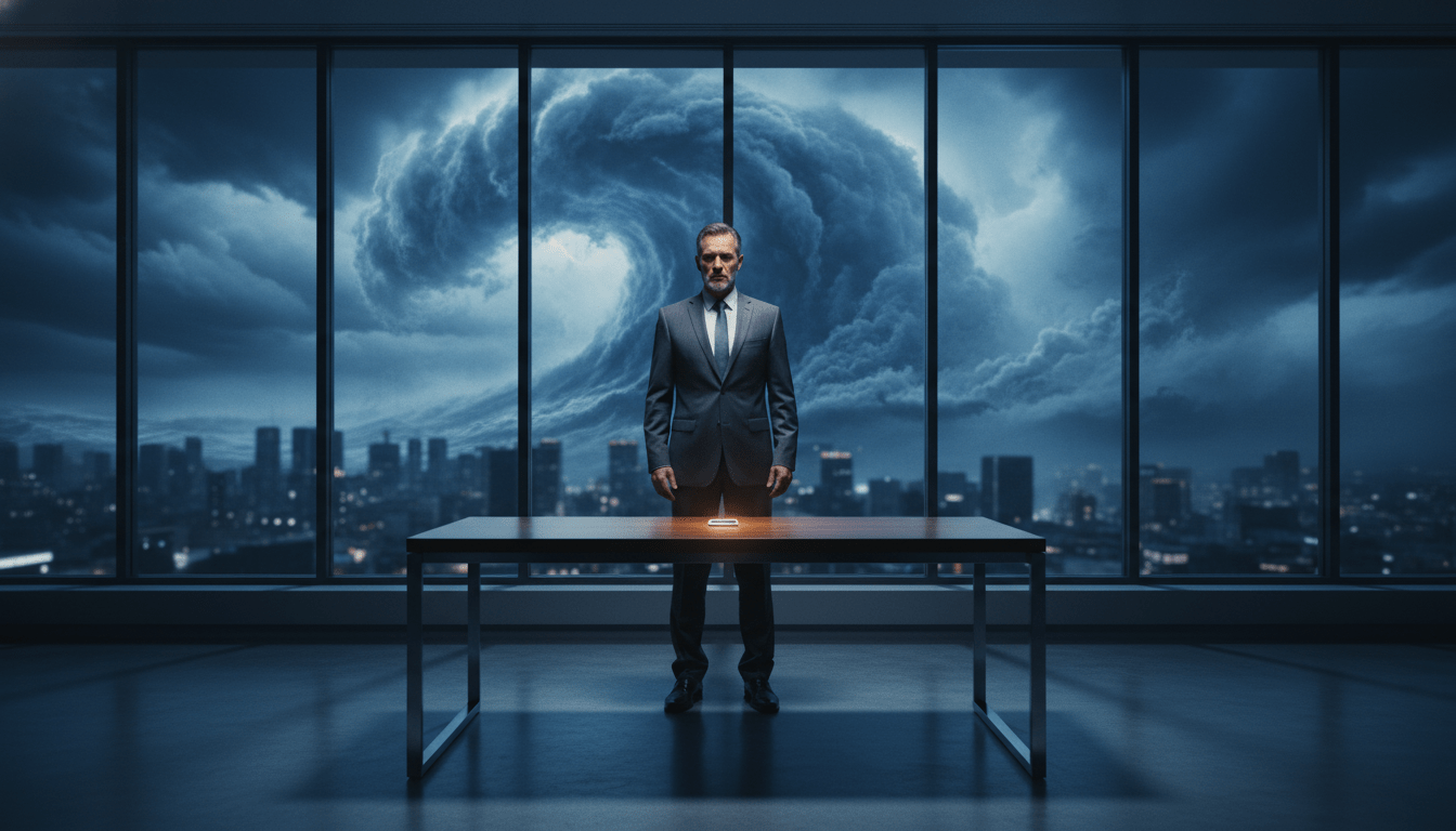 Ejecutivo de empresa frente a una tormenta digital representando un tsunami legal y crisis corporativa