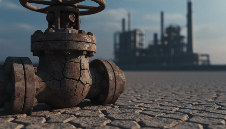 Valvula industrial sobre suelo seco y agrietado representando el riesgo de escasez de agua en la industria