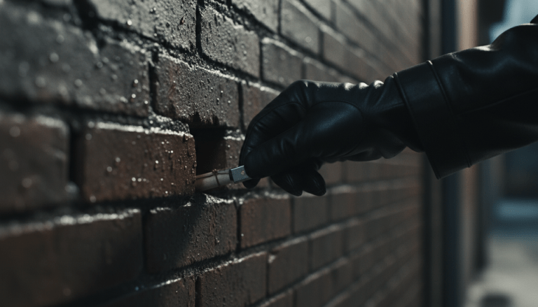 Mano enguantada colocando o recuperando un paquete discreto de un dead drop secreto en un muro de ladrillos en un callejón oscuro. Ilustra la comunicación y el almacenamiento encubiertos en el espionaje.