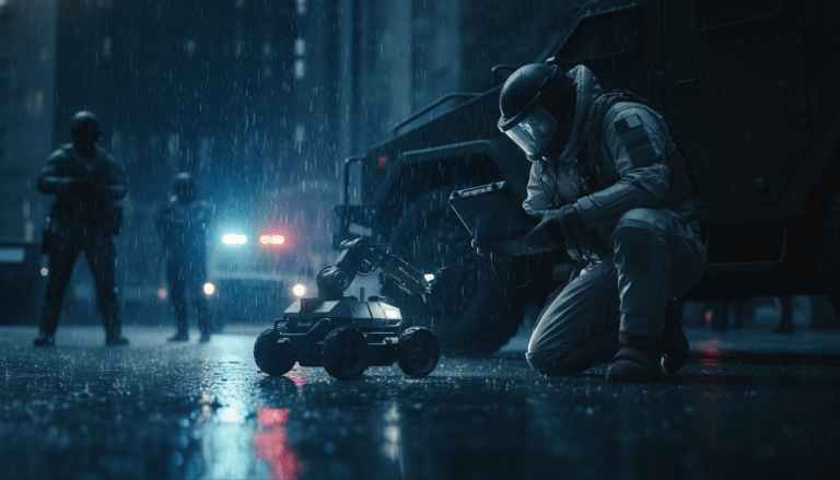 Equipo de desactivación de explosivos (EOD) inspeccionando un IED en entorno urbano lluvioso, seguridad antiterrorista, amenaza de bombas improvisadas, protección civil, tecnología de defensa.