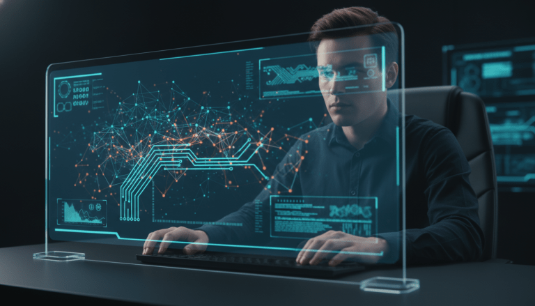 Ingeniero de software trabajando en un entorno de desarrollo seguro con visualizacion de datos holograficos de ciberseguridad.